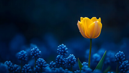 A vibrant yellow tulip stands out amidst a sea of blue flowers, creating a stunning contrast in nature's color palette.