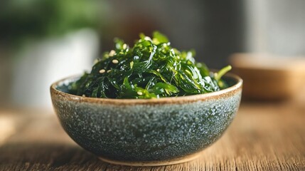Delicious Seaweed Salad in Bowl on Wooden Table Close-Up