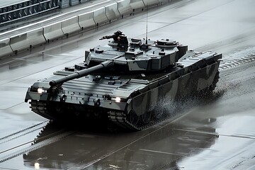 Modern Military Tank Driving on Wet Pavement.
