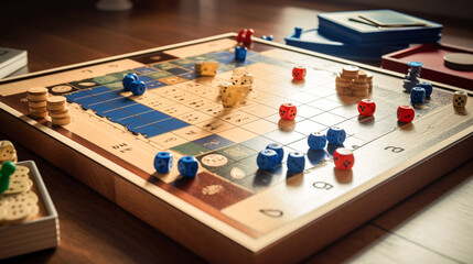 Fototapeta premium Table gambling, sports game. Adults, children's playing cards, cubes. AI generated.