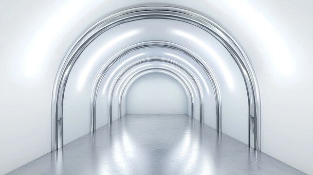 Futuristic Metallic Arched Corridor with Reflective Surfaces and Bright Lighting