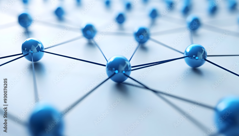 Poster close-up view of interconnected blue spheres and lines, representing a digital network or communicat