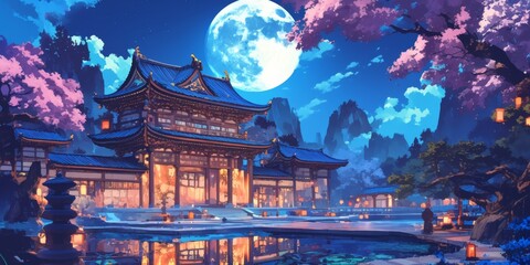 Obraz premium Enchanting Mid-Autumn Festival: Illuminated Chinese Buddhist Temple Adorned with Traditional Lanterns. AI-Generated Digital Art in Anime Style for Seasonal Marketing, UI Design, and Cinematic Greeting