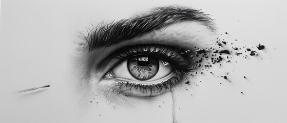 Obraz premium A pencil drawing of a person's eye with excessive dirt in the iris