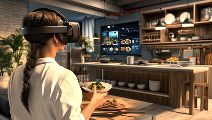 Woman in VR headset, kitchen, food, menu.