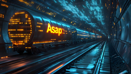 Naklejka premium Futuristic train illuminated by bright neon lights, racing through a high-tech tunnel with a dynamic blue glow.