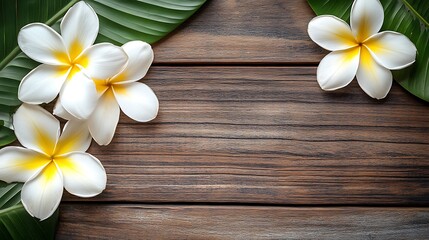 Naklejka premium White tropical flowers and green leaves on a rustic wood background.