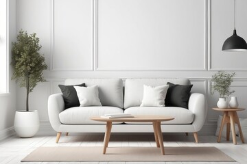 Modern Living Room Interior with White Sofa, Wooden Coffee Table, and Plants