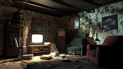 A dimly lit room with furniture, a TV, and a