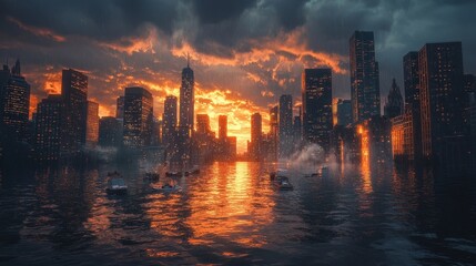 Fototapeta premium Severe effects of climate change, flooded cityscape.
