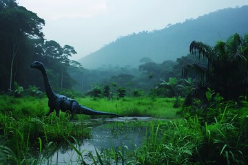 Prehistoric Landscape - A Brachiosaurus in a Misty Jungle.