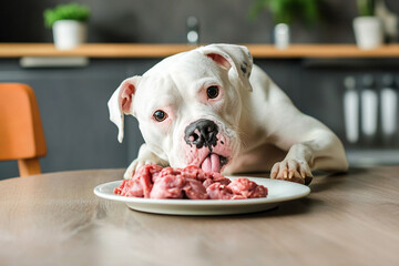 Dog eating raw meat food.