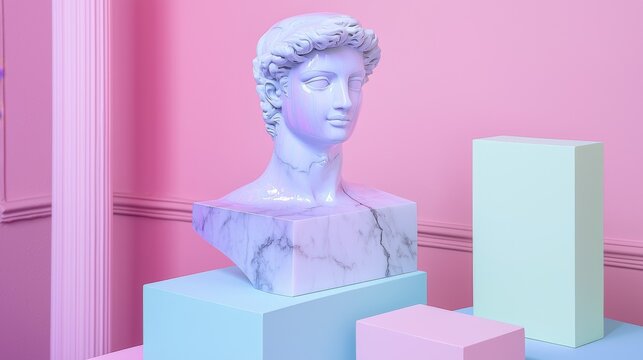 Neoclassical Bust on Pastel Geometric Shapes in Minimalist Surreal Art Setting - Powered by Adobe