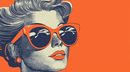 Retro Pop Art Woman with Sunglasses in Bright Orange Background