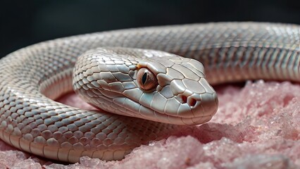 Obraz premium Stunning macro shot of a white endemic snake coiled on a delicate rose-hued surface, showcasing intricate scale details and natural beauty.