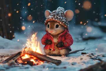 Obraz premium A cute mouse wearing a winter hat and jacket sits on the snow next to a campfire.