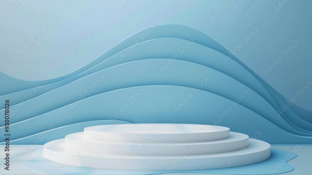 Poster a podium is positioned in front of a soft pastel blue backdrop featuring graceful wavy lines, creati