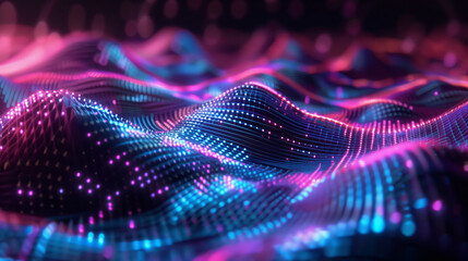 Abstract 3D holographic element with a pixelated, digital art style and neon accents on a black background