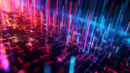 Abstract 3D holographic element with a pixelated, digital art style and neon accents on a black background