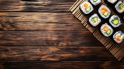 Delicious Assortment of Sushi Rolls on Wooden Table with Copy Space