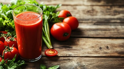 Delicious Tomato Juice with Fresh Vegetables on Wooden Table