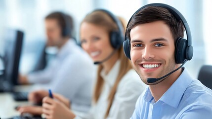 Professional Technical Support Team Working with Headsets in Office