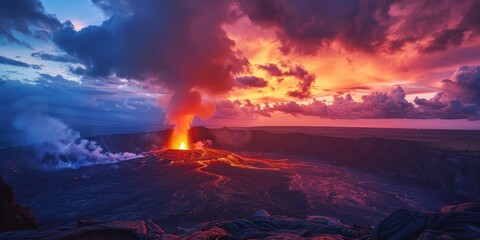 Fototapeta premium A breathtaking sunset over an erupting volcano, with vibrant colors highlighting the smoke and lava in the dramatic landscape.