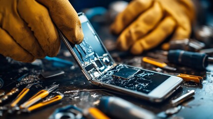 Closeup of Technician Repairing Broken Smartphone on Table