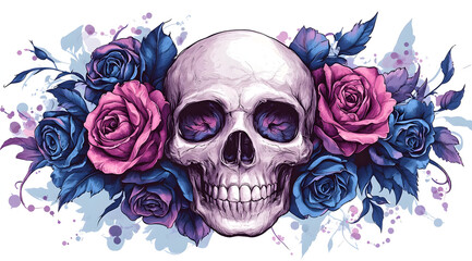 A vibrant skull illustration surrounded by beautiful roses, blending elements of macabre and floral artistry in a stunning design.