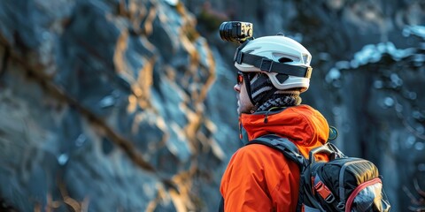 Obraz premium A climber in an orange jacket with a helmet and camera stands against a rugged rock face, ready for an adventurous ascent.