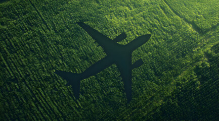 Fototapeta premium Aerial view of an airplane shadow projected over vibrant green fields, symbolizing travel and exploration in nature.