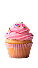 Delectable vanilla cupcake topped with swirls of creamy frosting and colorful sprinkles, isolated on a transparent background in PNG format. Perfect for bakery promotions, dessert menus, and culinary 