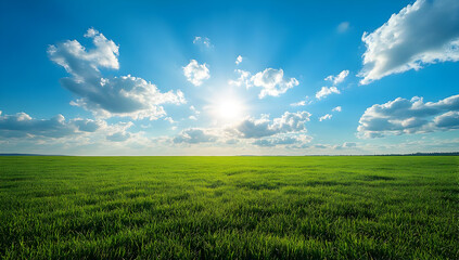 Fototapeta premium A serene landscape featuring a vibrant green field under a bright sky with fluffy clouds and a radiant sun shining.