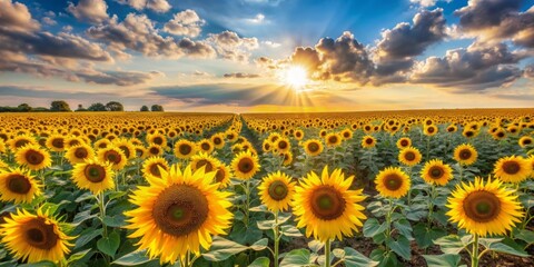 Obraz premium Beautiful sunflowers in full bloom in a vast field under the sun, sunflowers, field, bloom, yellow, petals, sunlight, nature