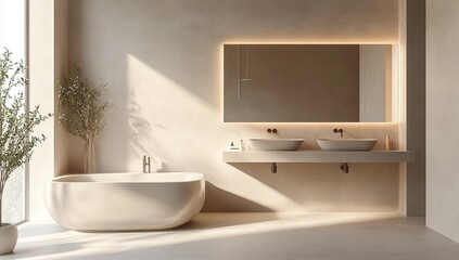 Modern bathroom with bathtub and double sink.