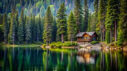 Obraz premium Cabin nestled among towering pine trees on the shore of a tranquil lake, cabin, pine trees, forest, woodland, lake, nature