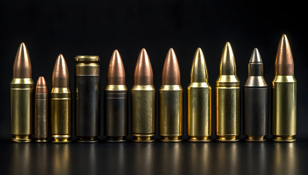A detailed close-up shot of various bullet types arranged in a row on a dark background, showcasing their unique features.