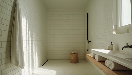 White tiled bathroom with a shower and sink.