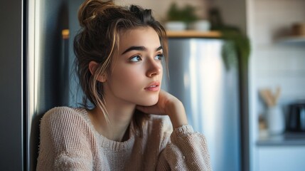 Thoughful Young Woman Standing Near Modern Refrigerator Indoors