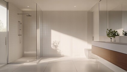 Modern bathroom with shower, plants, and wooden cabinet.