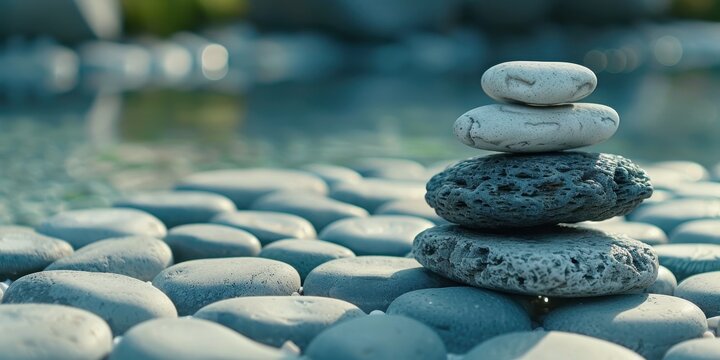 A serene stack of smooth stones balanced on a bed of pebbles, symbolizing tranquility and harmony in nature.