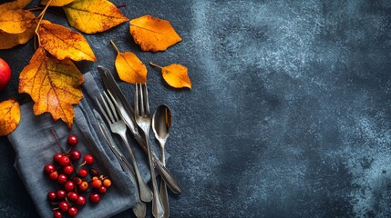 Elegant Top View Cutlery Napkin Ashberries Autumn Leaves