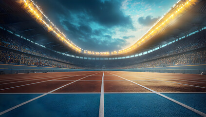 Obraz premium A vibrant sports stadium with illuminated tracks, perfect for athletic events and competitions under a dramatic sky.