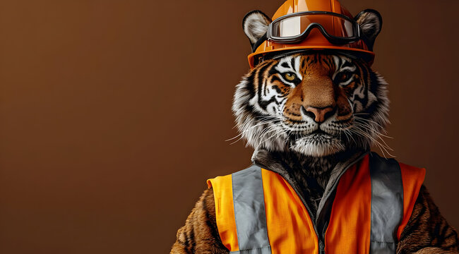 A tiger wearing a construction helmet and safety vest, symbolizing strength and safety in the construction industry.