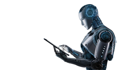 AI Robot Operating Tablet on Transparent Background PNG