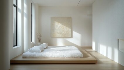 Minimalist bedroom with white bed and artwork.