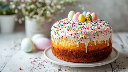 Delicious Traditional Easter Cake with Sprinkles on White Wooden Background
