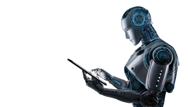 AI Robot Operating Tablet on Transparent Background PNG