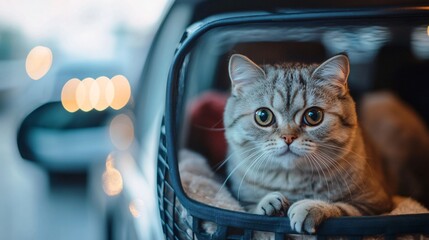 Traveling with Pet: Cute Cat in Carrier Inside Car Space