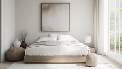 White bedroom with a window, bed, and artwork.